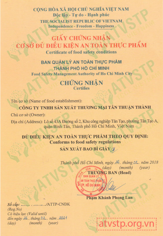 thủ tục cấp giấy chứng nhận an toàn thực phẩm