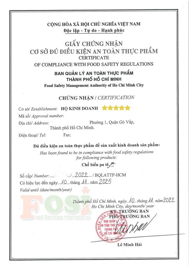 giấy an toàn vệ sinh thực phẩm ai cấp